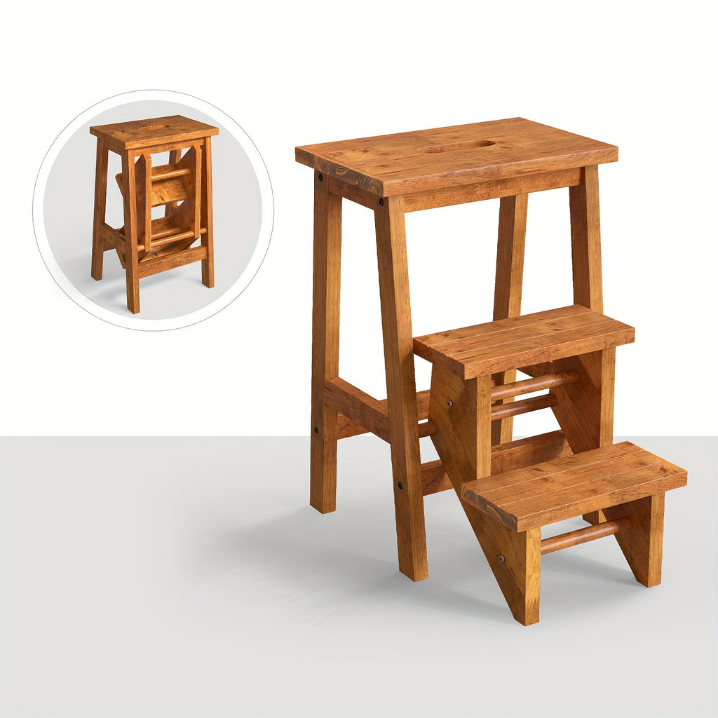3-in-1 Folding Step Stool with 24" Storage Shelf - Multi-Function Coffee Brown Rubber Wood Ladder, Durable & Portable for Home, Garage, or Garden Use, Sturdy Ant-Slip Surface, 200 lbs Capacity Per Pedal, Garage Utility Ladder