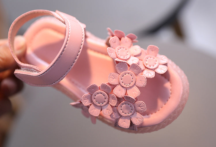 Baby Girls Cute Casual Sandals With Flower Decoration, Non-slip Soft Sole Slip-on Hook And Loop Fastener Shoes For Summer