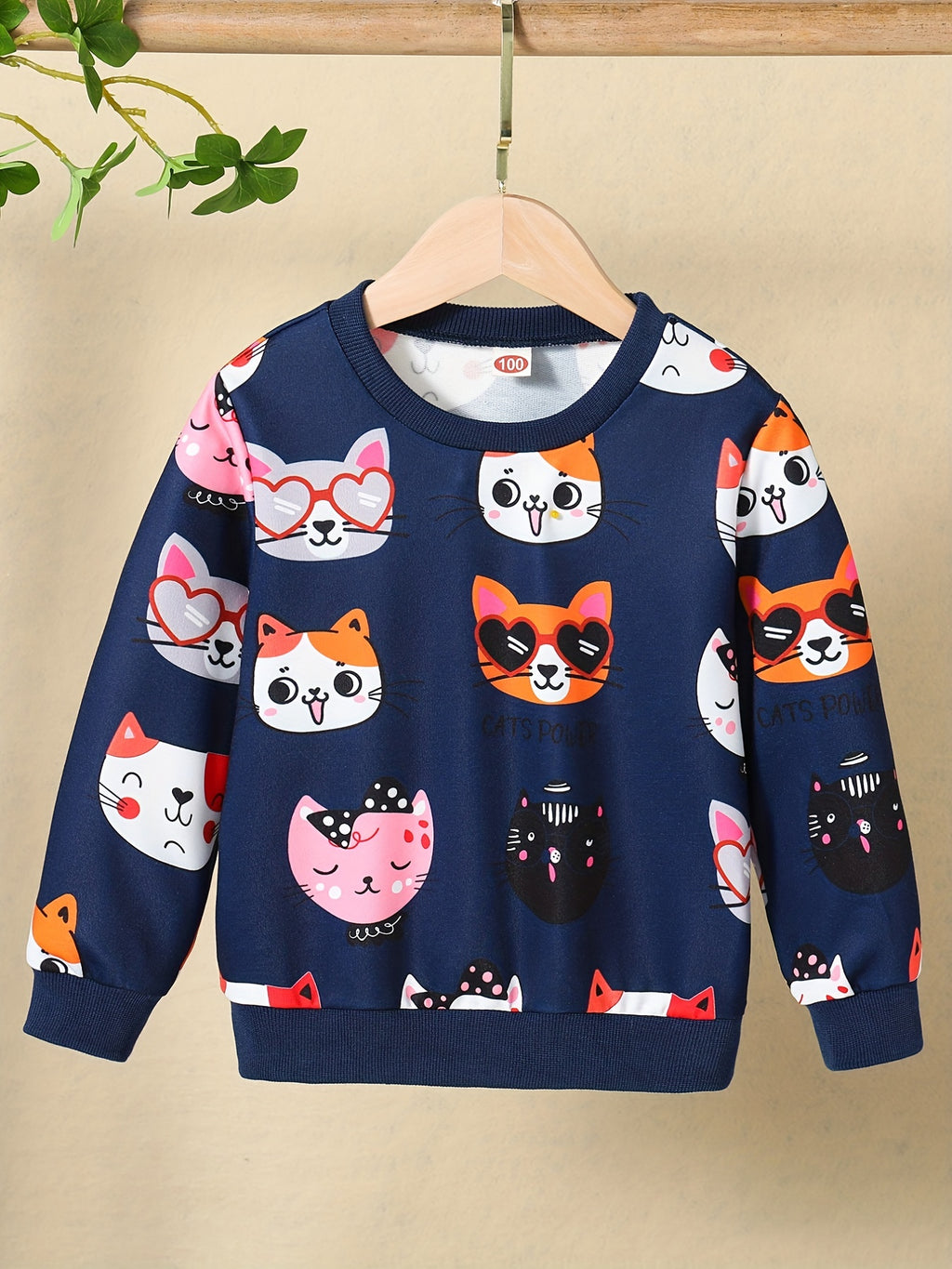 Girls' Cute Cat Print Sweatshirt - Pastel Pink with & Cat Design, Soft Round Neck Long Sleeve Top for Everyday & Special Occasions