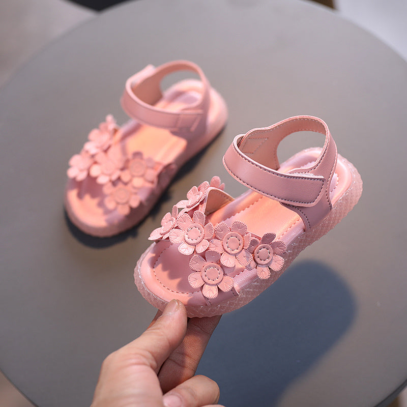 Baby Girls Cute Casual Sandals With Flower Decoration, Non-slip Soft Sole Slip-on Hook And Loop Fastener Shoes For Summer