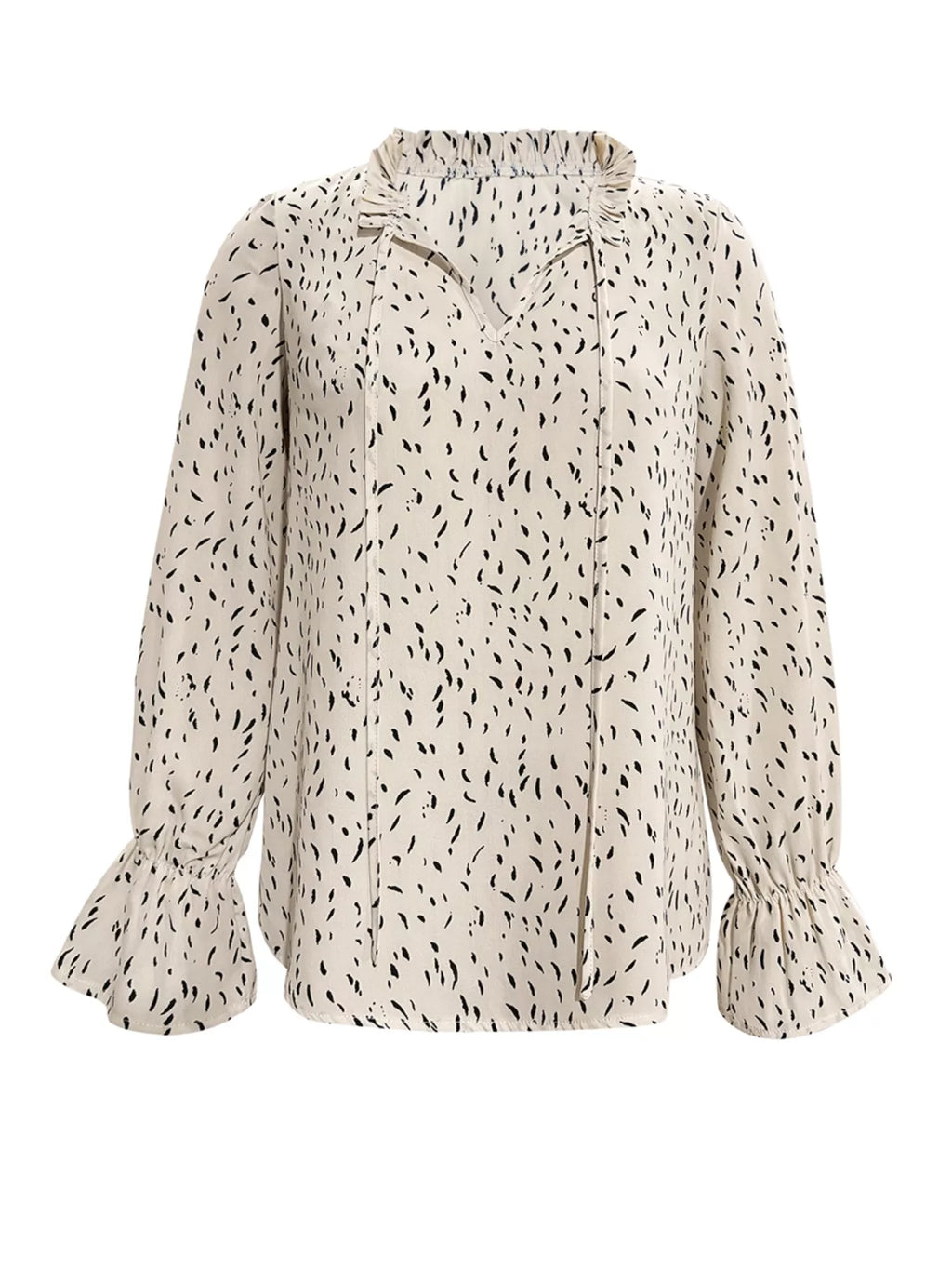 Ruffled Printed Tie Neck Long Sleeve Blouse