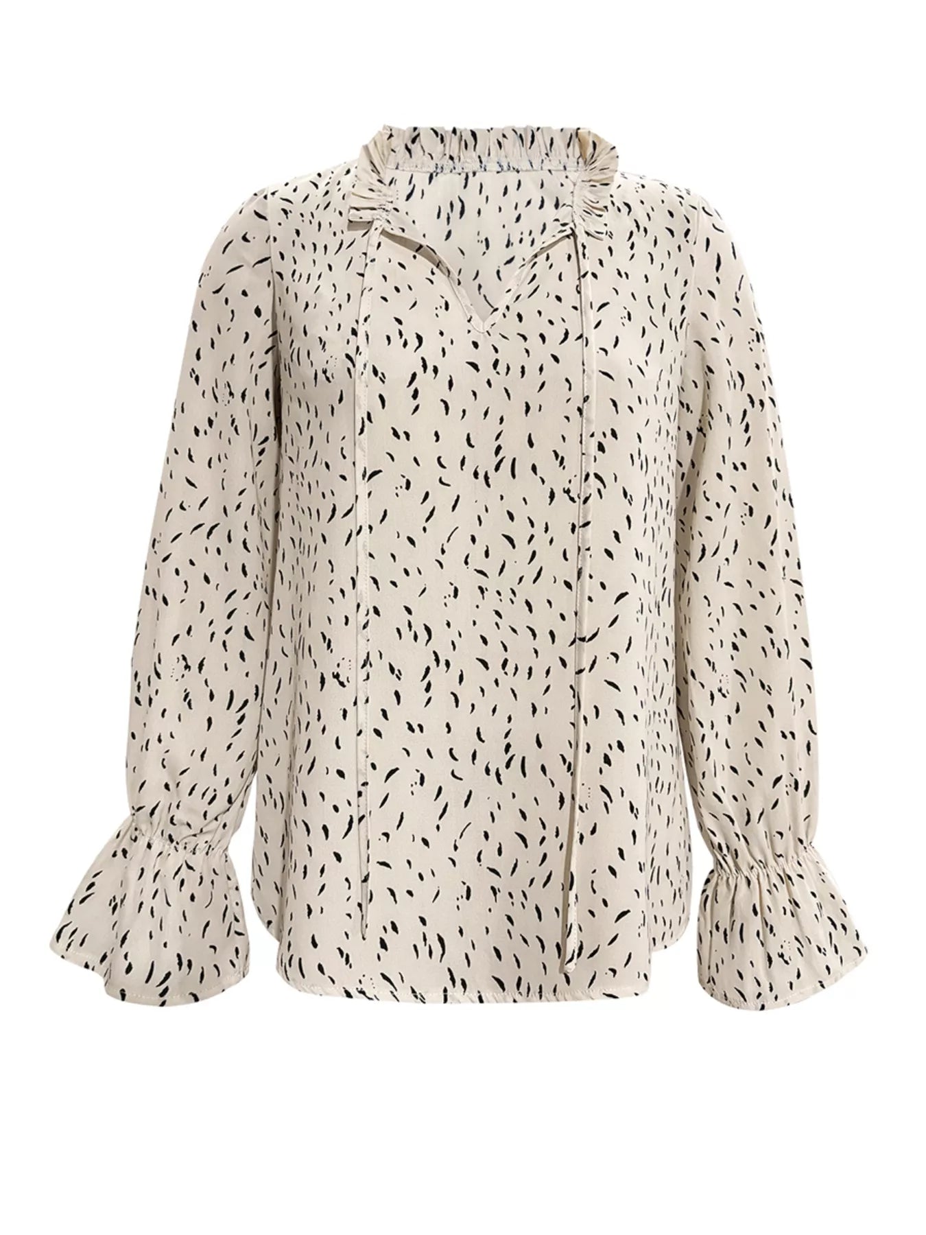 Ruffled Printed Tie Neck Long Sleeve Blouse