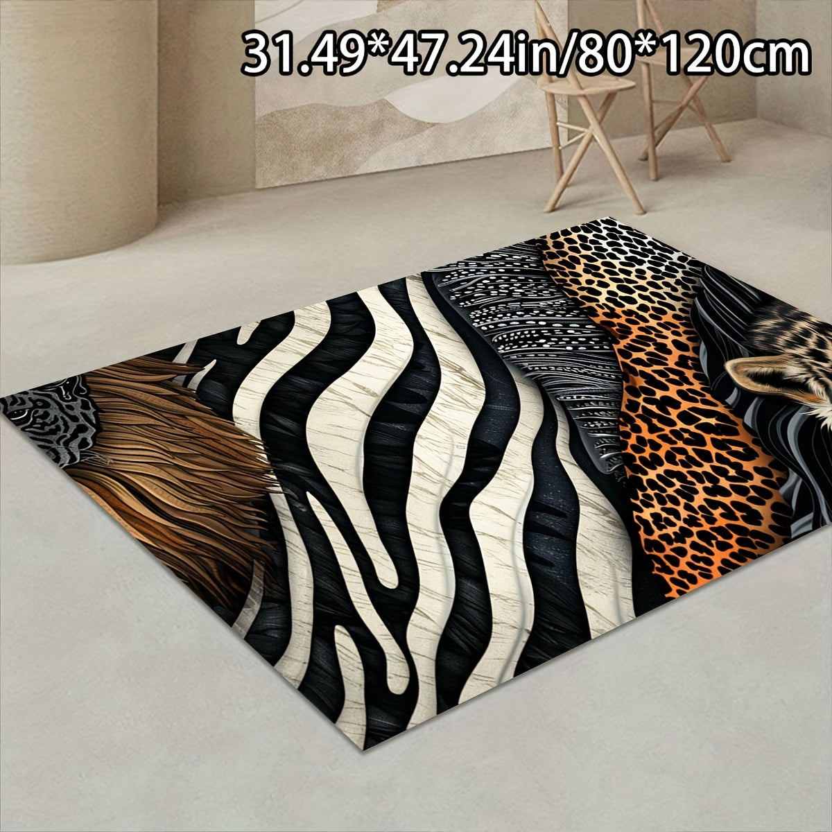 ADSUVAN Luxury Animal Print Area Rug - 800g/m² Crystal Velvet, Non-Slip Backing, Machine Washable, Leopard & Zebra Design in Black, White & Orange, Perfect for Living Room, Bedroom, or Commercial Spaces, Rugs for Living Room
