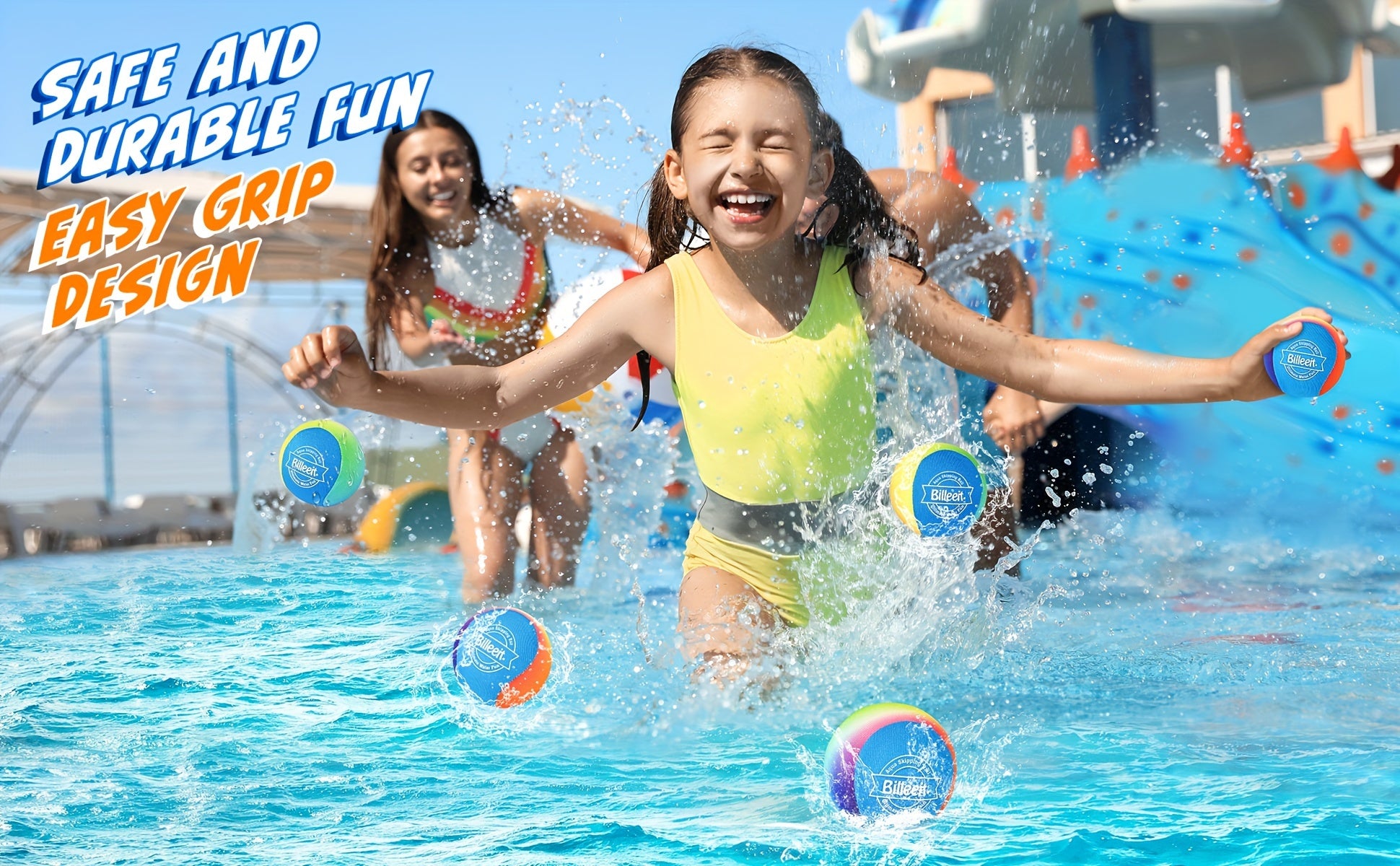 Billeeit Water Skipping Balls Set for Pool Play, Include 1 Rugby, 2 Balls and 2 Discs, Rainbow Color Splash Water Bouncing Balls, Fun Beach Toys & Games, Summer Gift for Kids 3+ 4-8-12 and Adults