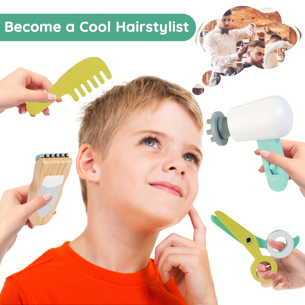 Kids Hair Salon Playset, Wooden Makeup Toy Set, Hair Styling Toys for Girls, Kids Shaving Kit for Boys, Kids Barber Playset, Gifts for 3 4 5 Year Old Girls Boys (18 PCS)