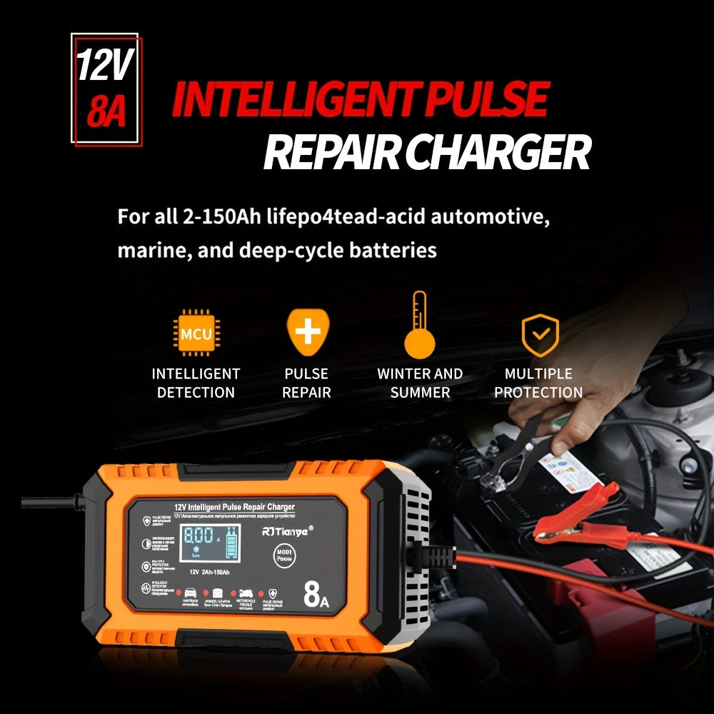 [Smart Car Charger] 12V 8A Smart Trickle Charger, American Plug Car Battery Charger | for Automotive Lead Acid and Lithium Iron Batteries