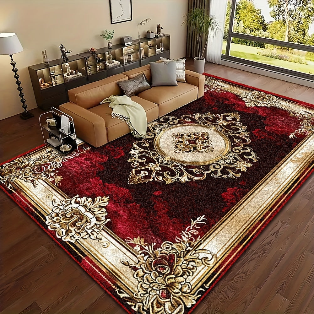 1pc Luxury Large Rectangular Mat - Burgundy & Golden Elegant Design, Soft Flat Weave Area Mat with Non-Slip Rubber Backing, Deep Red/Black/Golden/Beige/Brown Tones for Living Room, Bedroom, Office, Wedding & Father's Day Deco