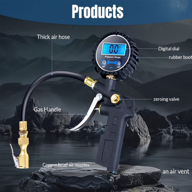 Digital Tire Pressure Gauge with Inflator, 250 PSI Air Chuck and Compressor Tttachment