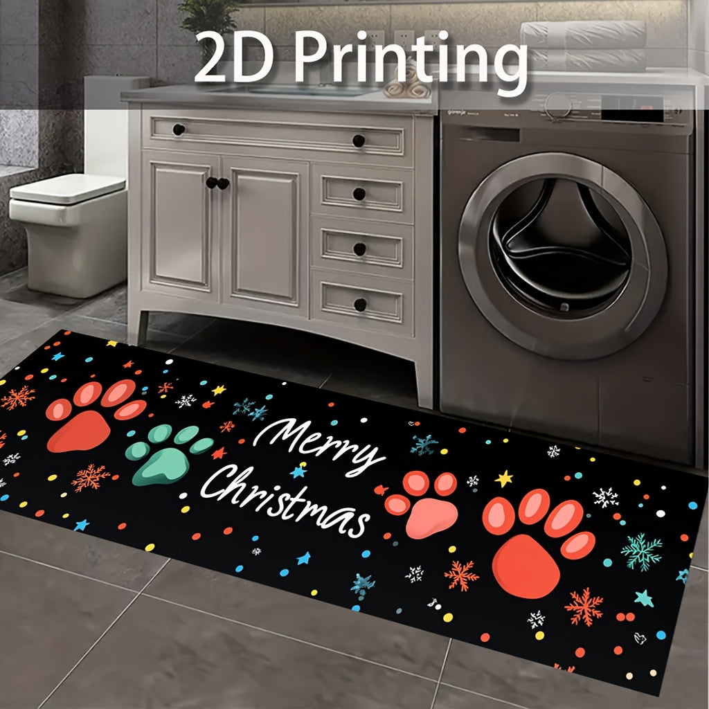 2D Flat, 2D Printing Paw Print Merry Christmas Mat - Non-Slip Long Runner Mat with Paws, & Red Holiday Design, 850gsm Polyester, Machine Washable, Christmas Rugs For Living Room, Hallway, Bedroom, Office - Christmas Decoratio