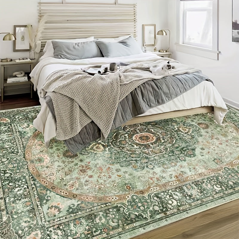 Large Living Room Carpet in Bohemian Style - Imitation Cashmere, Soft, And Washable Mat for Dining Rooms, with Anti-Slip Backing Suitable for Offices And Bedrooms. Ideal for Home Decoration, Including Green Bathroom Rugs