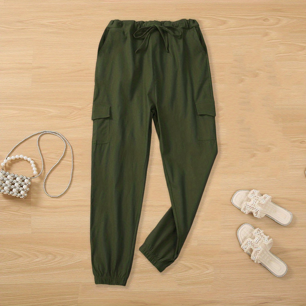 Y2K Solid Drawstring Cargo Pants, Casual Elastic Waist Long Length Pants With Pockets, Women's Clothing