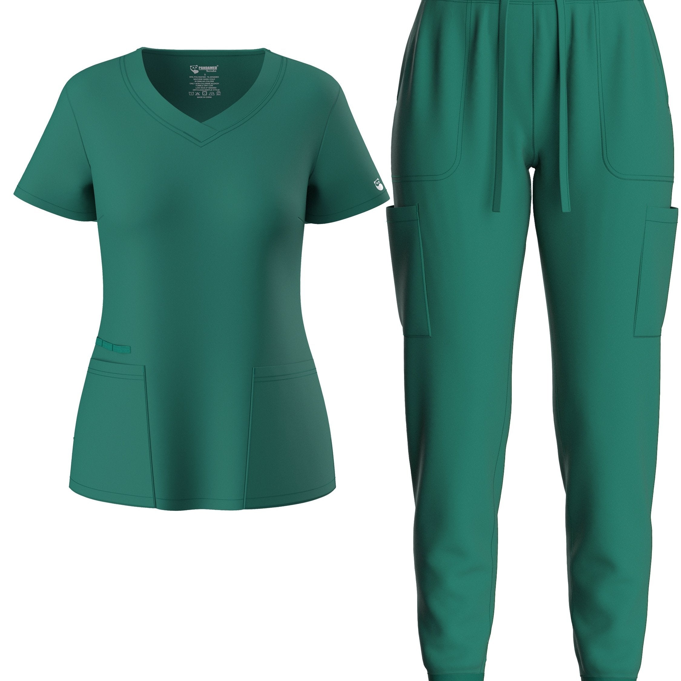 two-piece Elegant Two-Piece Scrub Set for Women: Short Sleeve V Neck Top & Drawstring Pants
