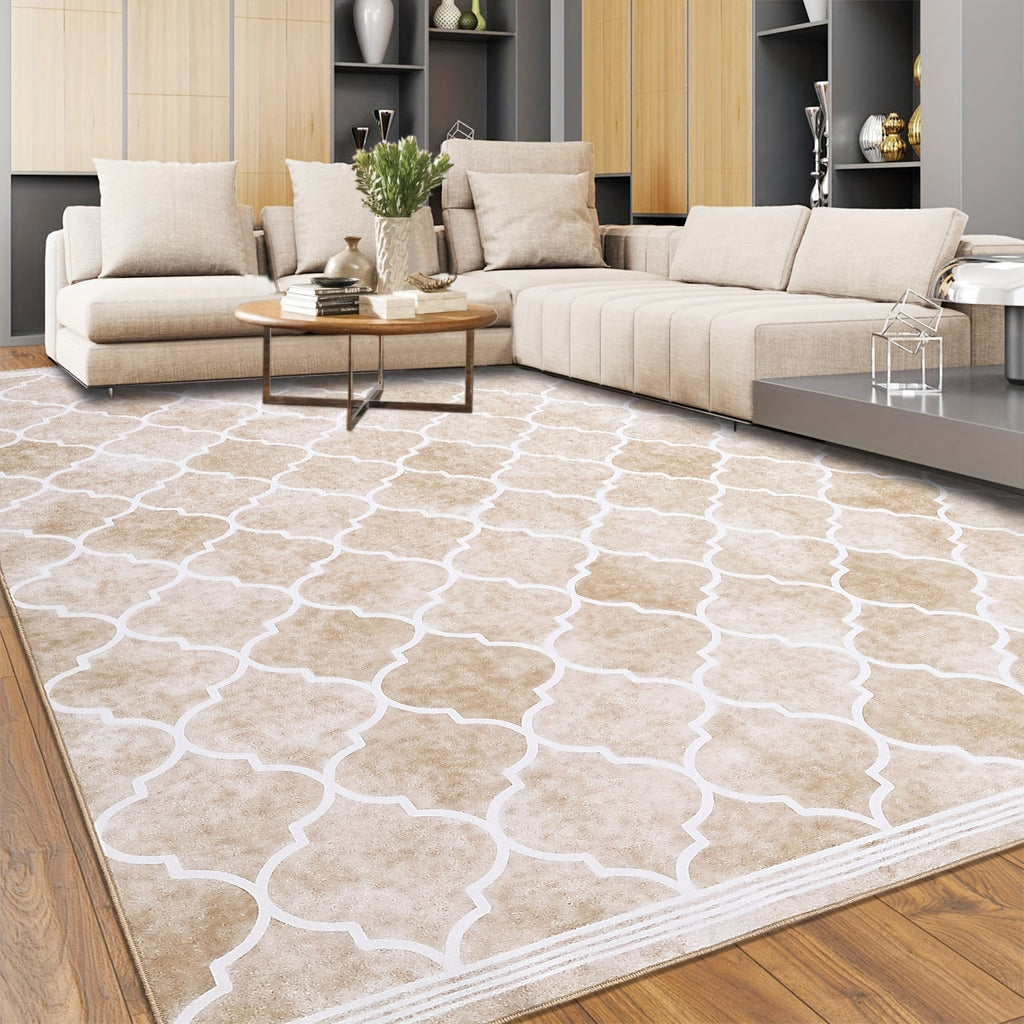 1 pc Area Rug Living Room Carpet Large Moroccan Soft Fluffy Geometric Washable Bedroom Rugs Dining Room Home Office Low Pile Decor Under Kitchen Table, Light Brown