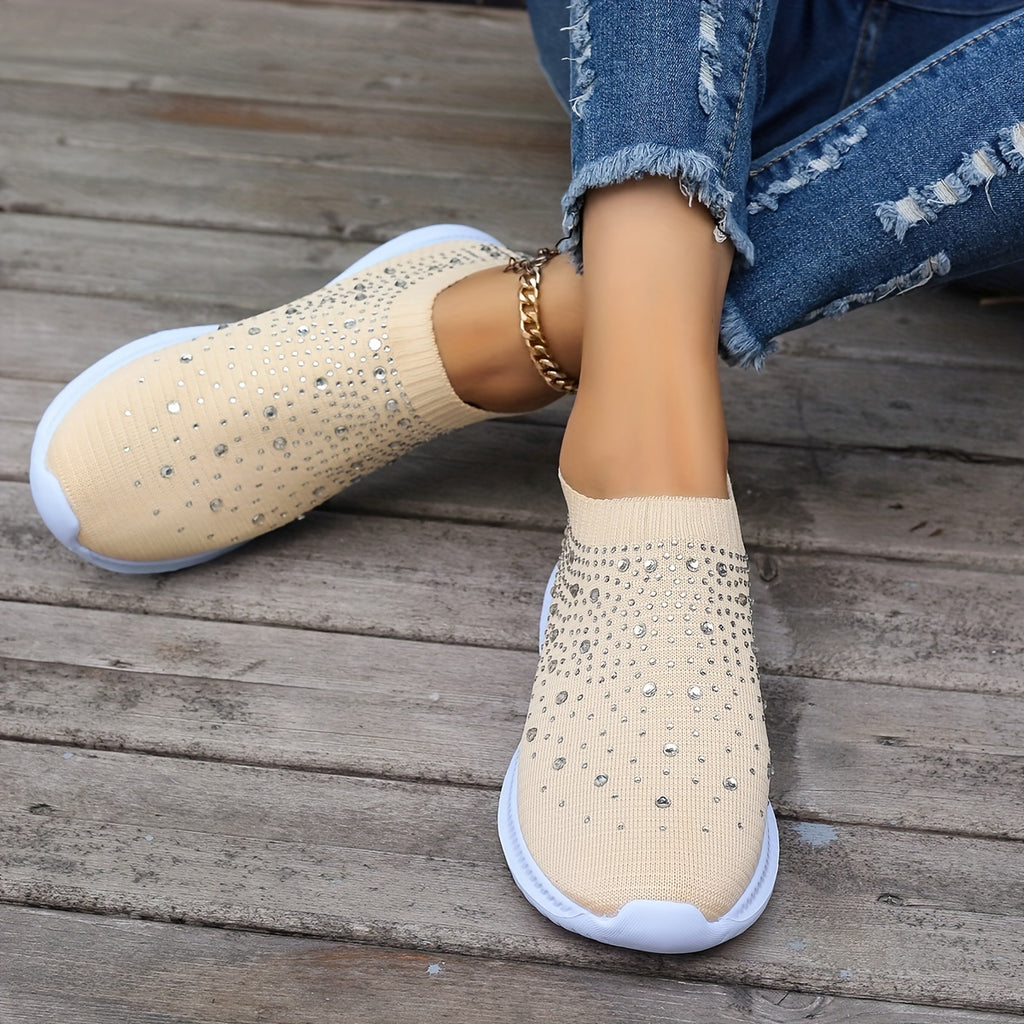 Women's Rhinestone Decor Slip-on Sneakers, Fly Woven Sports Shoes, Breathable Low Top Walking Shoes For Music Festival