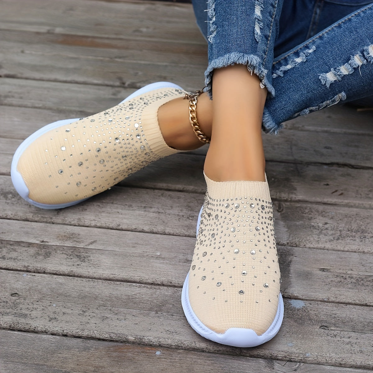Women's Rhinestone Decor Slip-on Sneakers, Fly Woven Sports Shoes, Breathable Low Top Walking Shoes For Music Festival