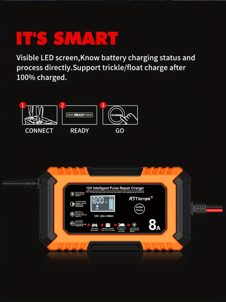 [Smart Car Charger] 12V 8A Smart Trickle Charger, American Plug Car Battery Charger | for Automotive Lead Acid and Lithium Iron Batteries