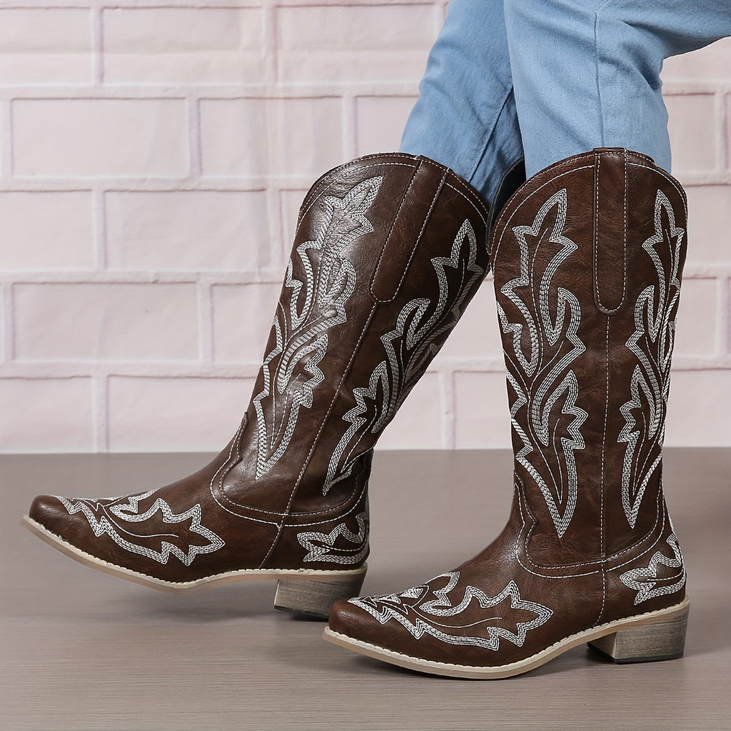 [Retro Cowgirl Boots] Retro Style Women's Western Mid Calf Boots | V-cut Embroidery Cowgirl Boots, Pointed Toe Slip On Shoes