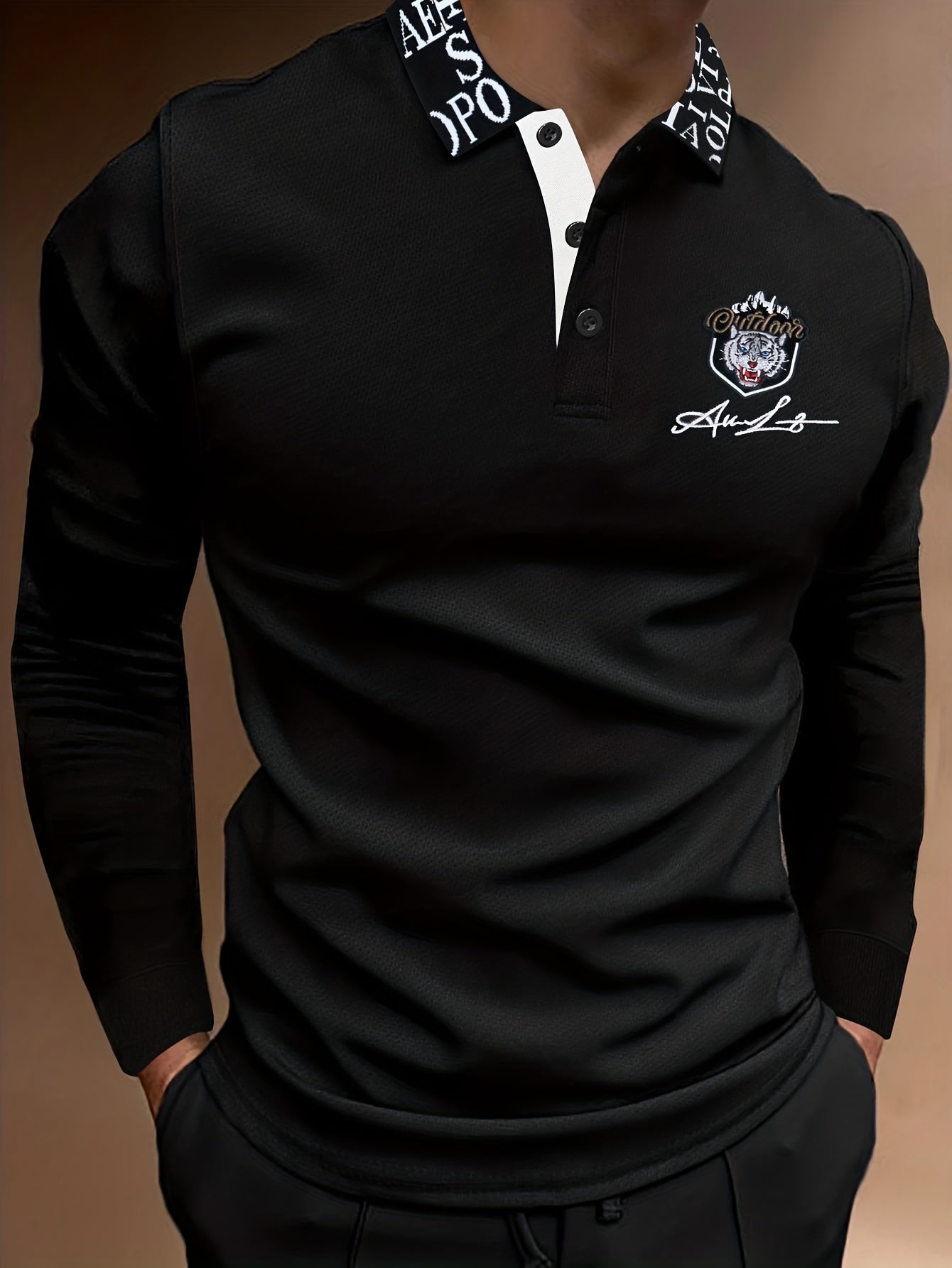 Tiger Head Anime Print Men's Casual Comfy Long Sleeve Shirt For Spring Fall, Golf Sports