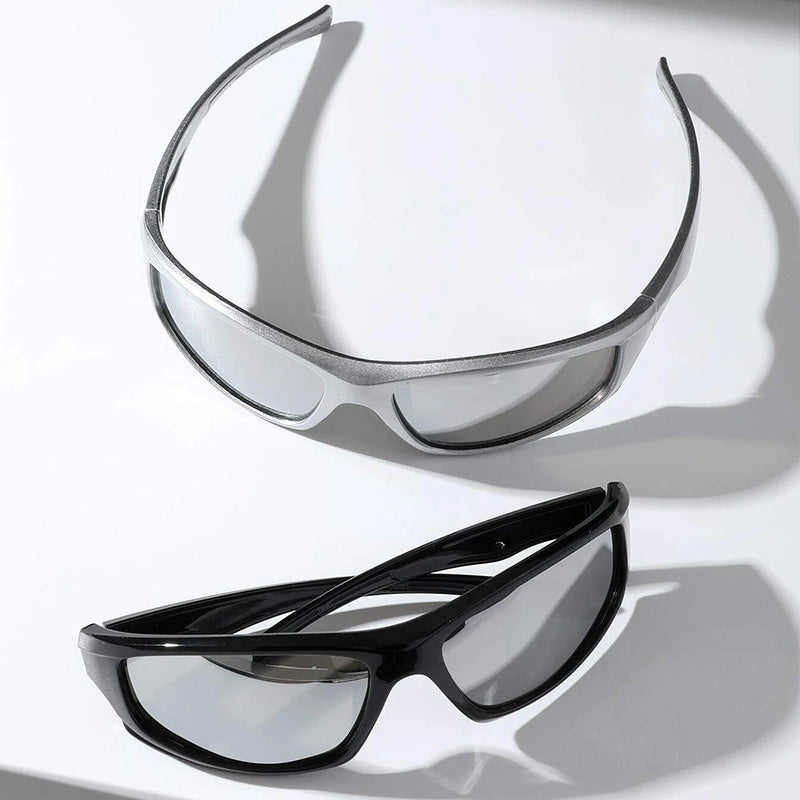 2pcs Wrap Around Sports Fashion Glasses For Women Men Y2K Mirrored Outdoor Sun Shades For Driving Hiking Travel