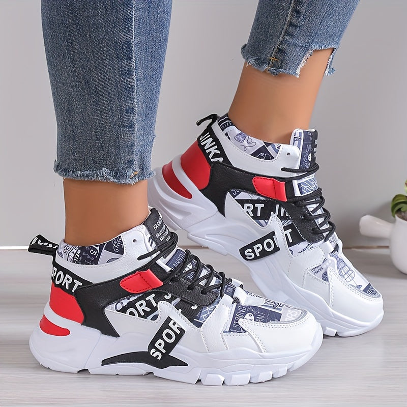 Chic All-Season Women’s Sports Shoes: Color Block, Comfortable Non-Slip, Unique Print & Versatile Medium Top