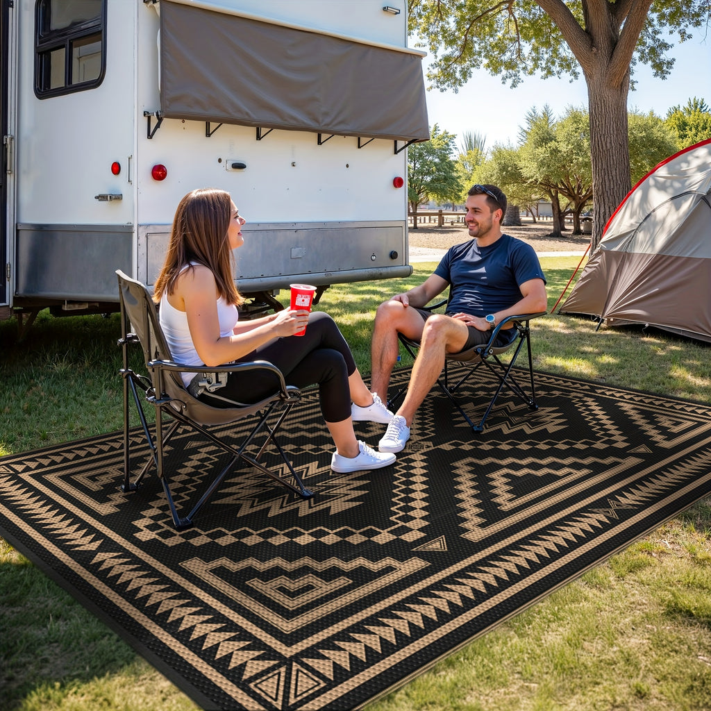 Reversible High Quality Outdoor Mat - Heavy-Duty Polypropylene Geometric Grid Pattern Mat, Lightweight Foldable with Storage Bag & Stakes for Patio, Deck, RV, Camping - Black/Brown, UV-Resistant &, Outdoor Rugs High Quality,