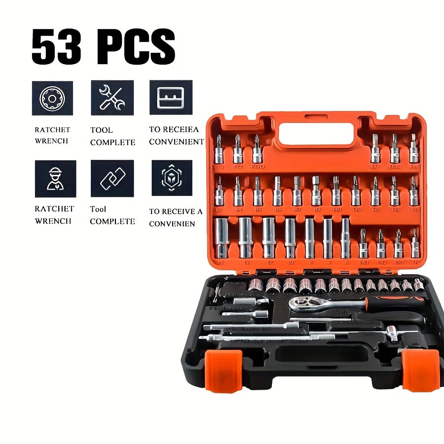 A Collection of 53 Mechanical Tool Kits, Including 1/2" And 1/4" Drive Depth And Standard Sockets, Ergonomic Handles, Ratchet Wrenches,