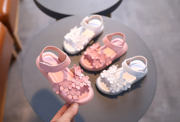 Baby Girls Cute Casual Sandals With Flower Decoration, Non-slip Soft Sole Slip-on Hook And Loop Fastener Shoes For Summer