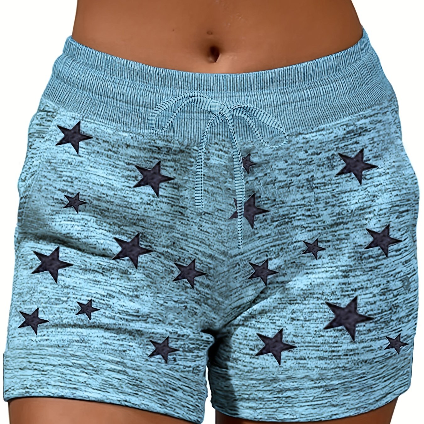 Plus Size Casual Leggings, Women's Plus Star Print Elastic Drawstring Medium Stretch Sports Shorts