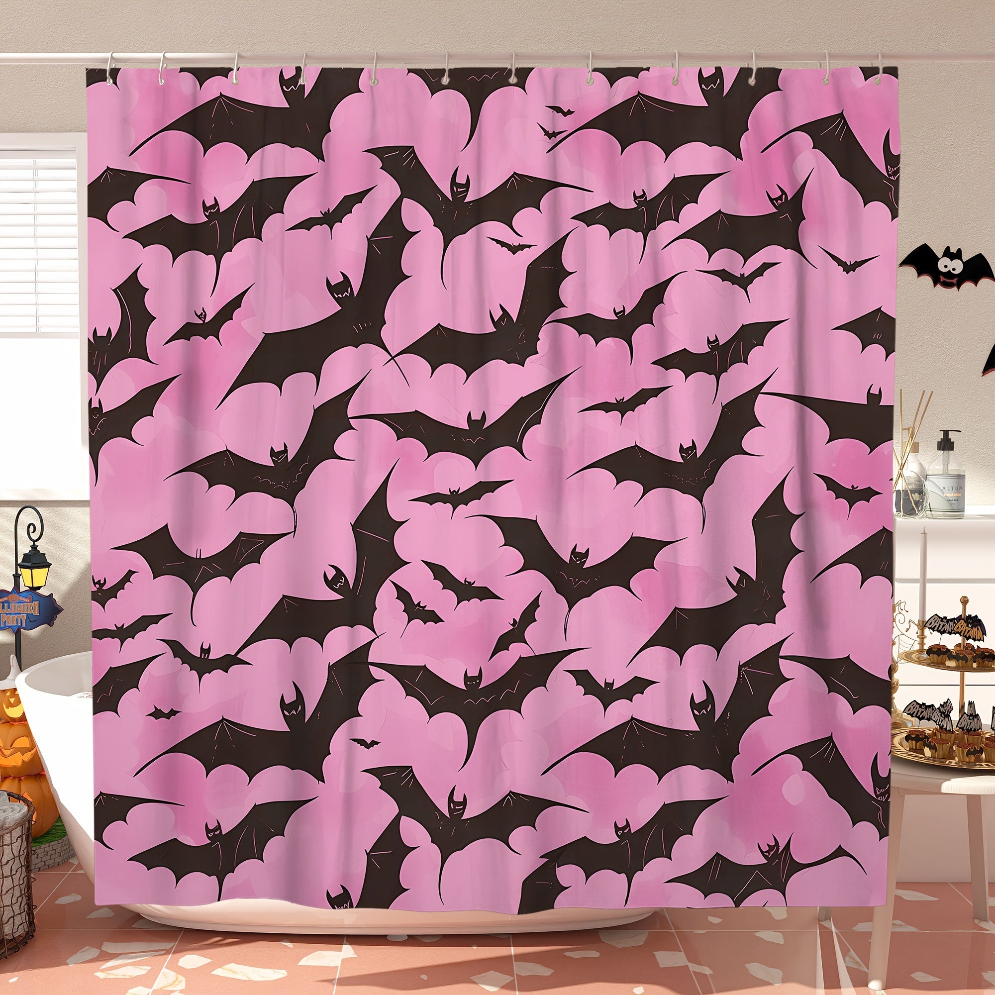 1/4pcs Halloween Bat Spooky Gothic Pink Black Shower Curtain Set with Shower Curtain and Rugs Polyester Waterproof Machine Washable for Halloween Bathroom or Shower Decor with 12 Hooks Non-slip Bath Mat U-shape Toilet Lid Cov