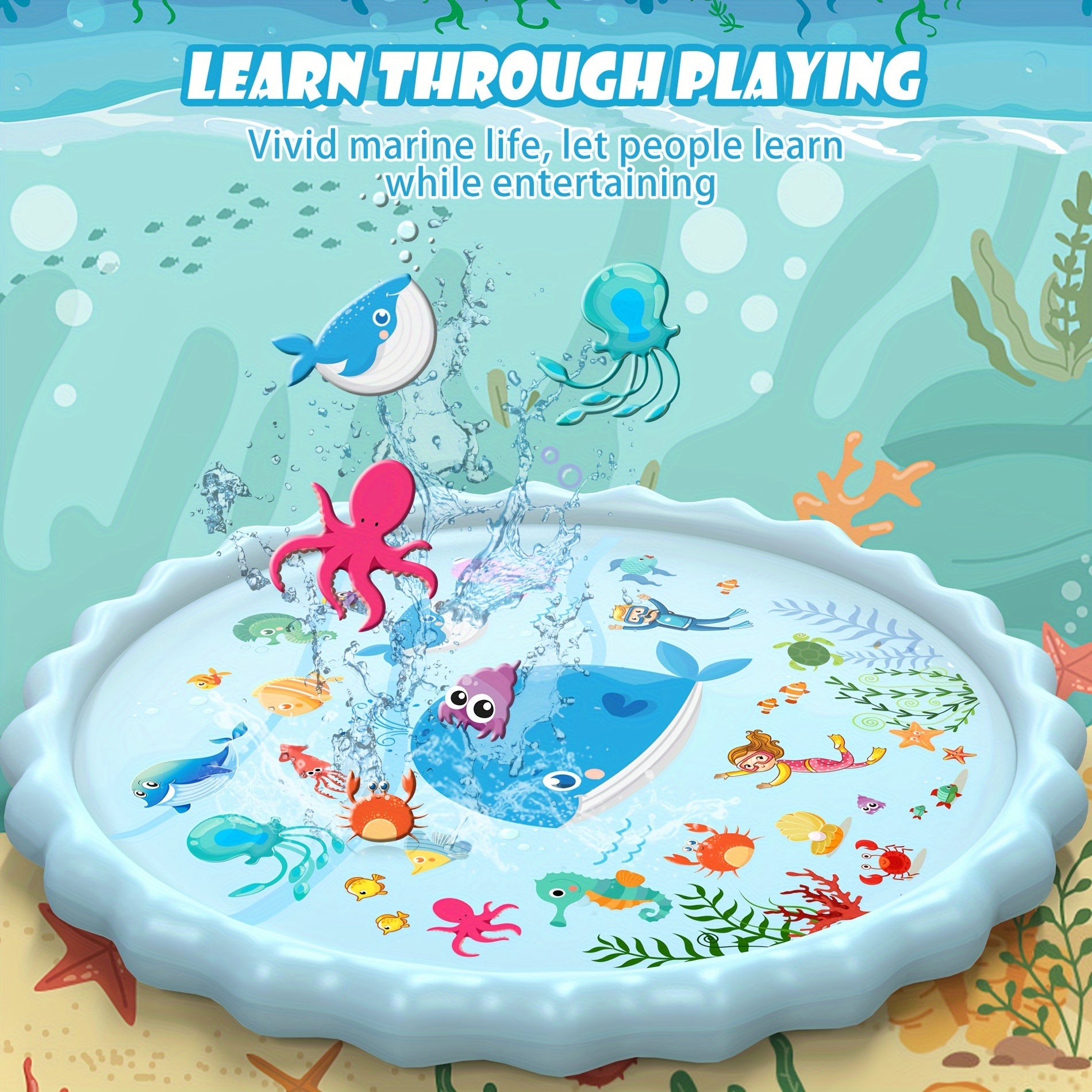 Extra Large Inflatable Splash Pad & Sprinkler Play Mat for Kids - Thickened Durable Plastic with Marine Life Design, Water Spray Fun for Ages 3-12 Years, Summer Outdoor Water Toys for Boys & Girls