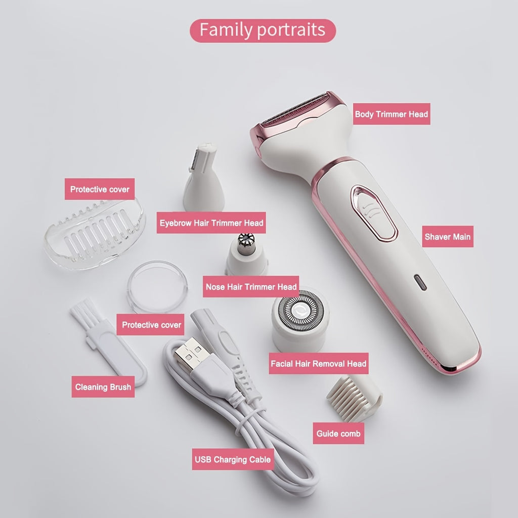 Electric Lady Shaver, Women Razors for Shaving Cordless 4-in-1 Shaver for Women Face, Legs and Underarm, Portable Bikini Trimmer Wet & Dry Hair Removal, Cordless - Micro USB Rechargeable