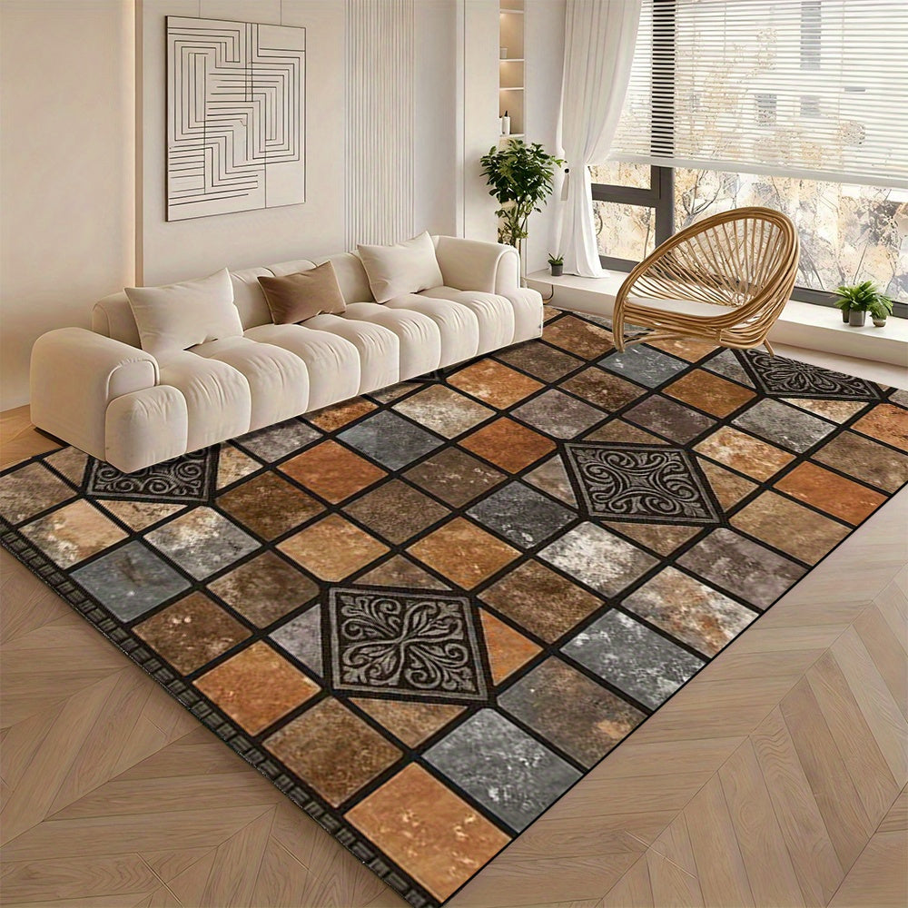 Area Rugs for The Living Room Featuring a Standard Elegant Retro Patchwork Design in Brown Geometric Patterns, Embodying Classic Chinese Style, Easy to Clean, Suitable for Outdoor Use, Courtyards, Rvs, And Picnics in Spring A