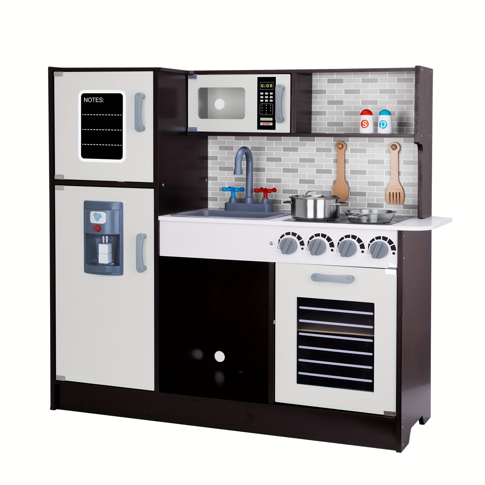 Kids Kitchen Playset, Wooden Chef Play Kitchen For Toddler With Sink, Oven, Range Hood, Stove, Ice Maker And Microwave, Prefect Kitchen Toys For Toddlers As Present