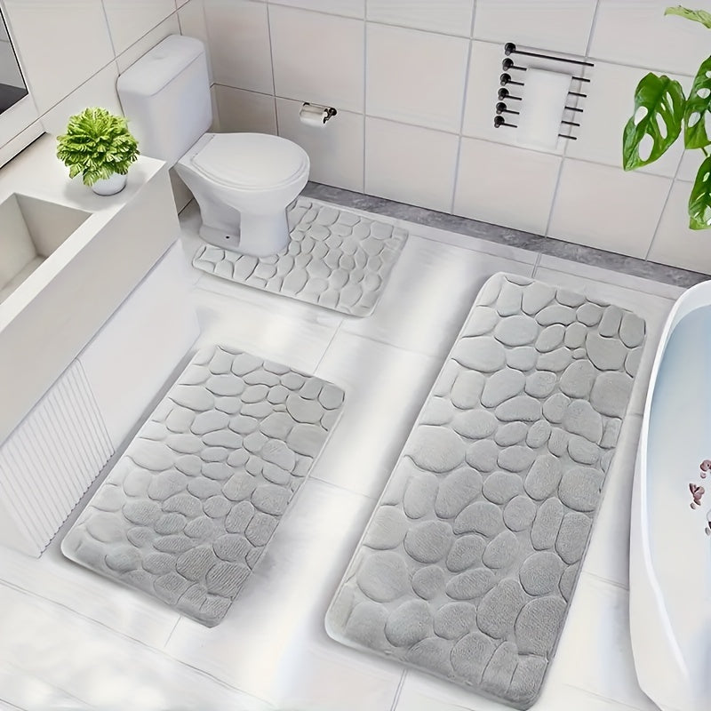 3pcs Memory Foam Bathroom Mat Set - Non-Slip, Soft & Comfortable Shower Rugs with Stone Embossed Design - Includes U-Shape Toilet Mat & Bath Rug - Machine Washable Polyester Fiber - Perfect for Home Decor