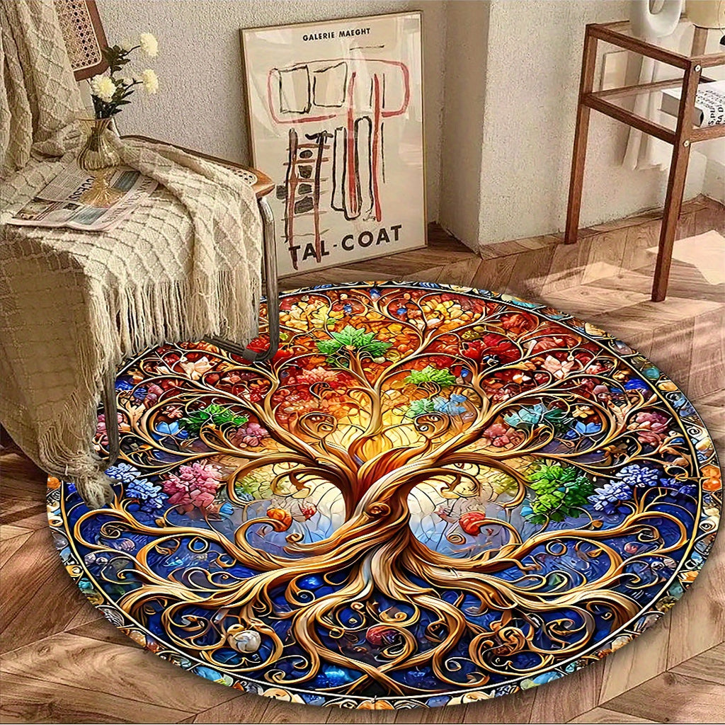 Tree of Life Round Area Mat - Vibrant Stained Glass Design, Non-Slip Rubber Backing, Easy to Clean 100% Polyester Fiber, Indoor/Outdoor Use for Living Room, Bedroom, Terrace, Camping - Large Size Available, Outdoor Rugs for P
