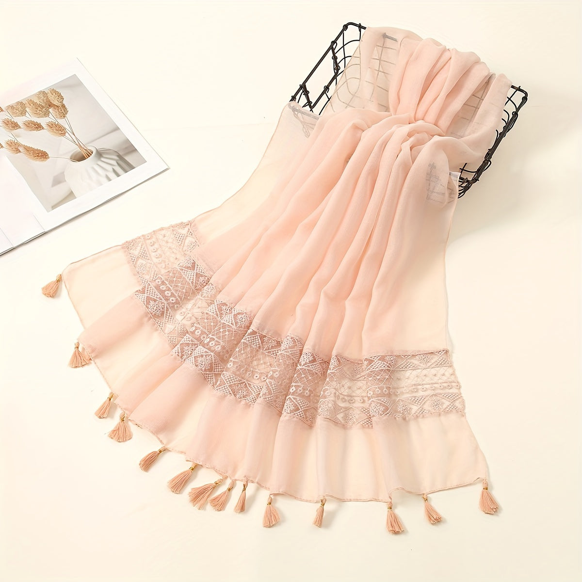[Elegant Scarf] Elegant Embroidery Hollow Lace Tassel Scarf | Fashion Casual Cold Weather Scarves Wraps For Women for eid