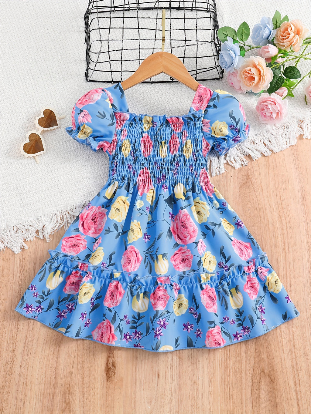 Girls Puff Sleeve Floral Shirred Ruffled Hem Party Dress Kids Summer Clothes