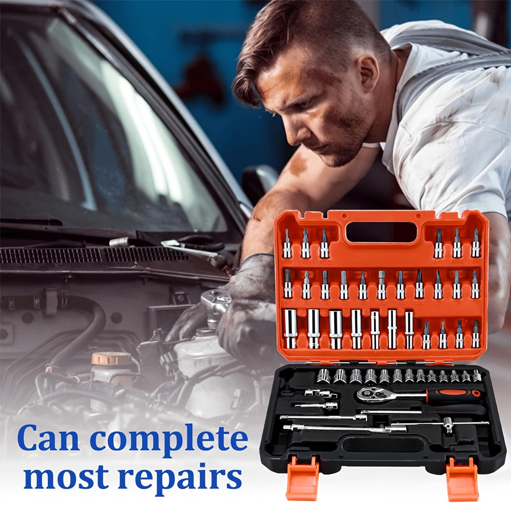 A Collection of 53 Mechanical Tool Kits, Including 1/2" And 1/4" Drive Depth And Standard Sockets, Ergonomic Handles, Ratchet Wrenches,