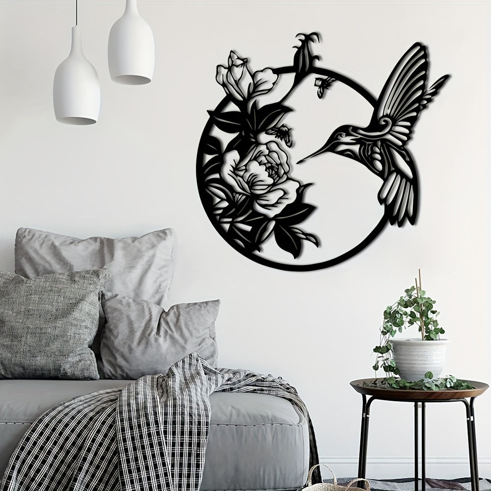 1pc Exquisite Hummingbird Metal Art Deco Wall Decoration - 3D Rustic Black Circular Bird & Floral Design with Intricate Details - Ideal Indoor Outdoor Garden Home Decor Accent