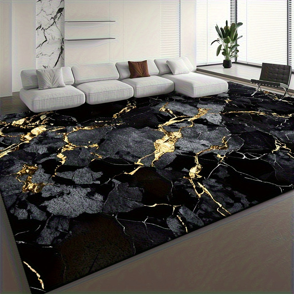 Velvet Area Mat with Luxurious Black and Golden Marble Pattern – Soft, Thick, Non-Slip, Machine Washable for Living Room or Bedroom Decor, Lightweight Polyester Fiber, Rectangular Shape, Perfect for Holidays like Christmas