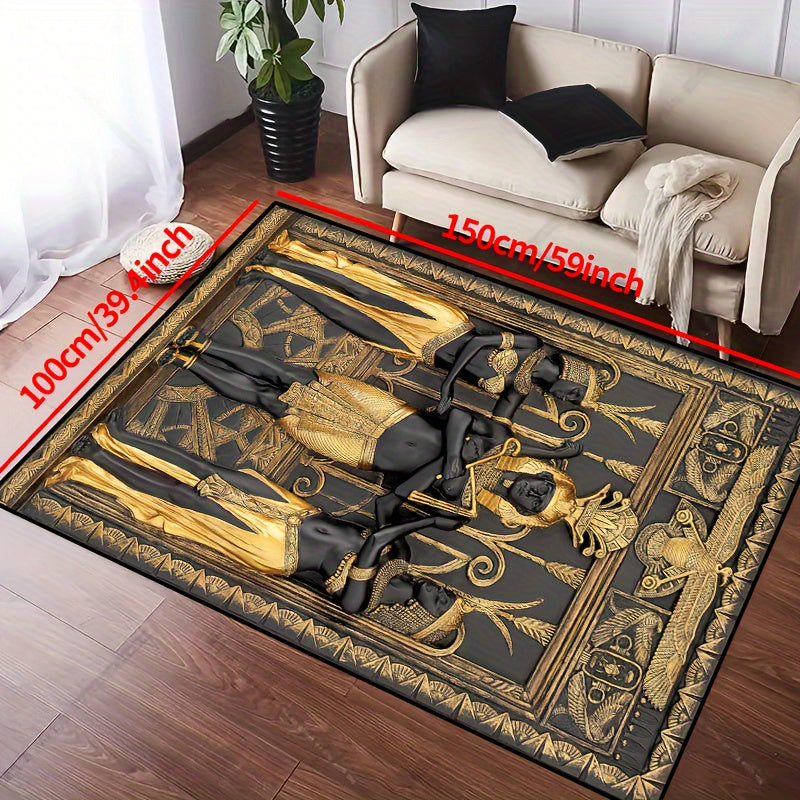 Egyptian Three Golden Men Carpet - Machine Washable Luxury Mat with Golden & Design, Rectangular Floor Mat for Living Room, Bedroom, Office, Outdoor - Durable Polyester Home Decor Mat, Rugs For Living Room, Bedroom Accent, El