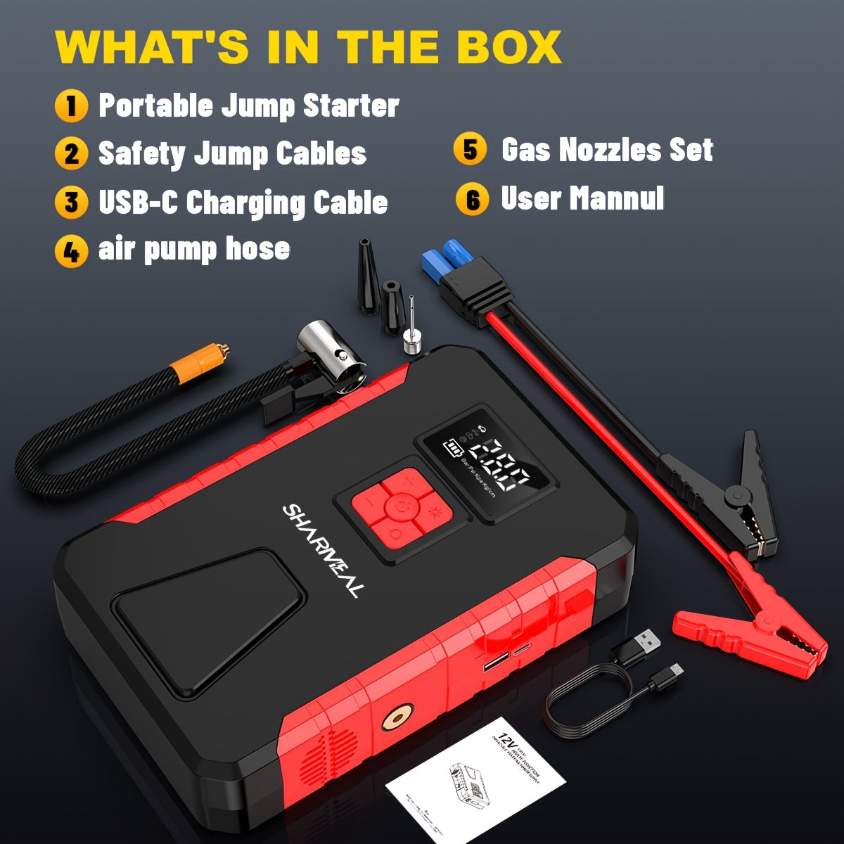 SHARMEAL 4500A Peak Automotive Jump Starter & 150PSI Tire Inflator, Air Compressor Car Jump Starter,