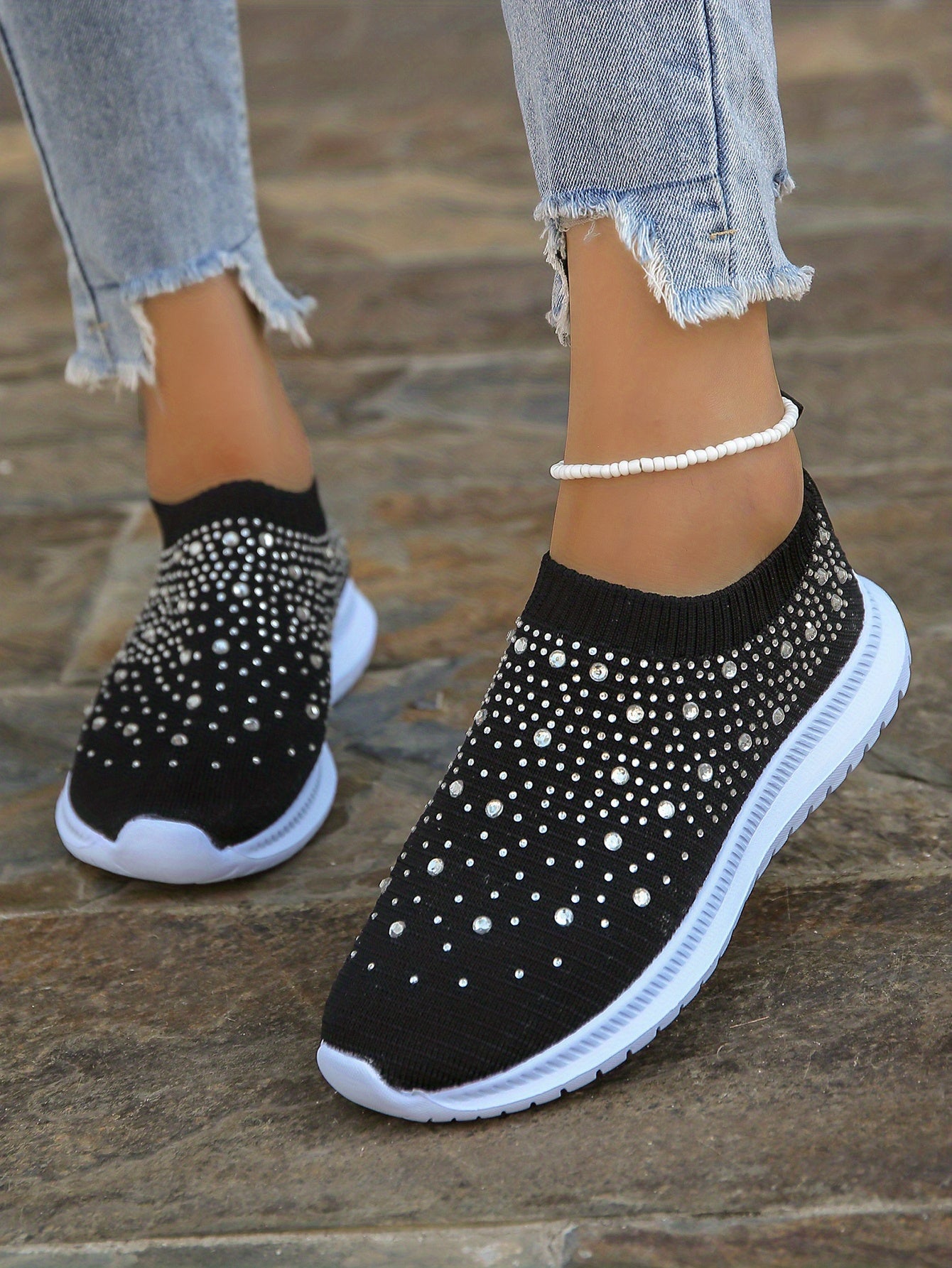 Women's Rhinestone Decor Slip-on Sneakers, Fly Woven Sports Shoes, Breathable Low Top Walking Shoes For Music Festival