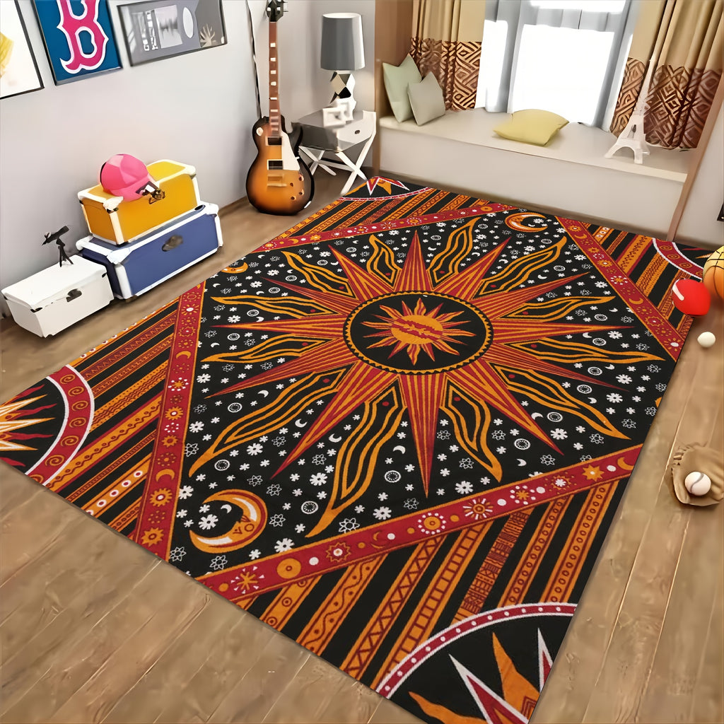 Sun and Moon Pattern Area Rugs: Non-slip, Soft, and Comfortable Polyester Fiber Mat for Living Room, Bedroom, Office, and Outdoor Use - Machine Washable, Anti-fatigue, and Waterproof