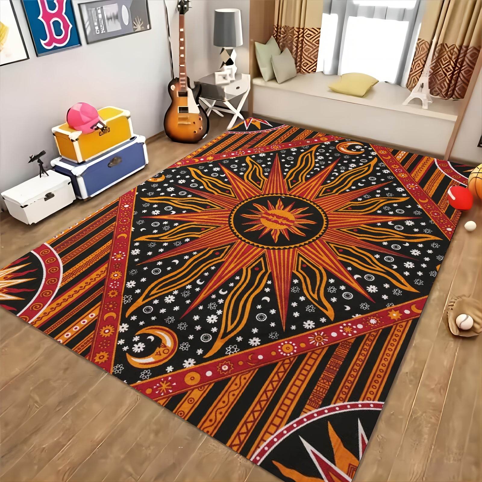 Sun and Moon Pattern Area Rugs: Non-slip, Soft, and Comfortable Polyester Fiber Mat for Living Room, Bedroom, Office, and Outdoor Use - Machine Washable, Anti-fatigue, and Waterproof