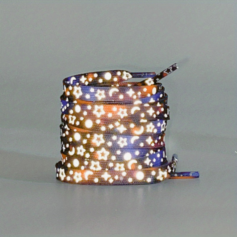 1 Pair Dazzling Holographic Reflective Star Moon Shoelaces - Double-Sided Luminous, AdjustableNighttime Running, Cycling,