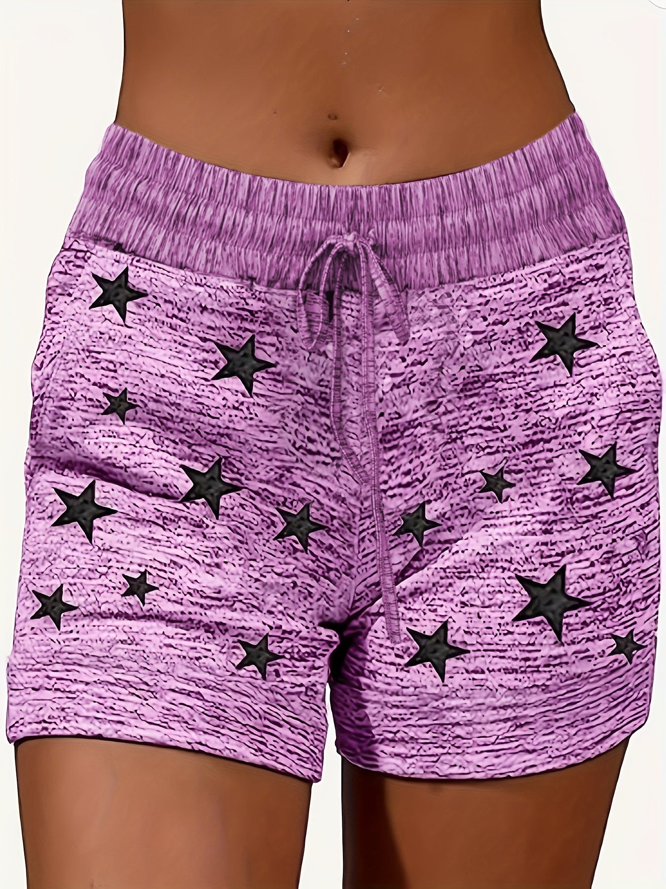 Plus Size Casual Leggings, Women's Plus Star Print Elastic Drawstring Medium Stretch Sports Shorts