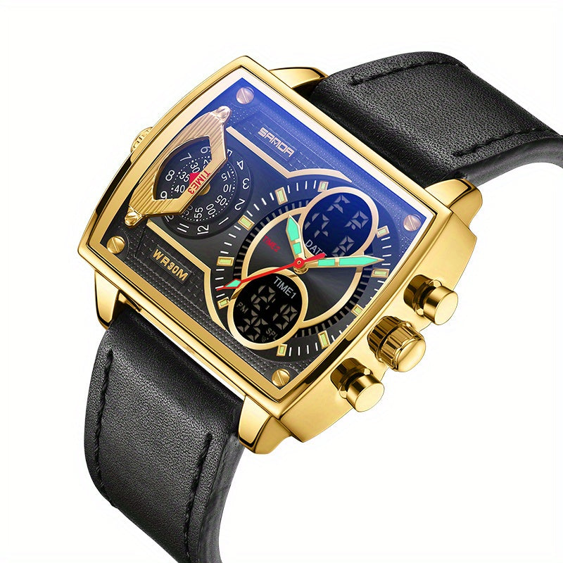 Large Dial Multi Time Zone Men's Watch, Square Dual Display Multifunctional Sports Watch with Dual Time Zone, Date, Alarm, and Stopwatch Functions