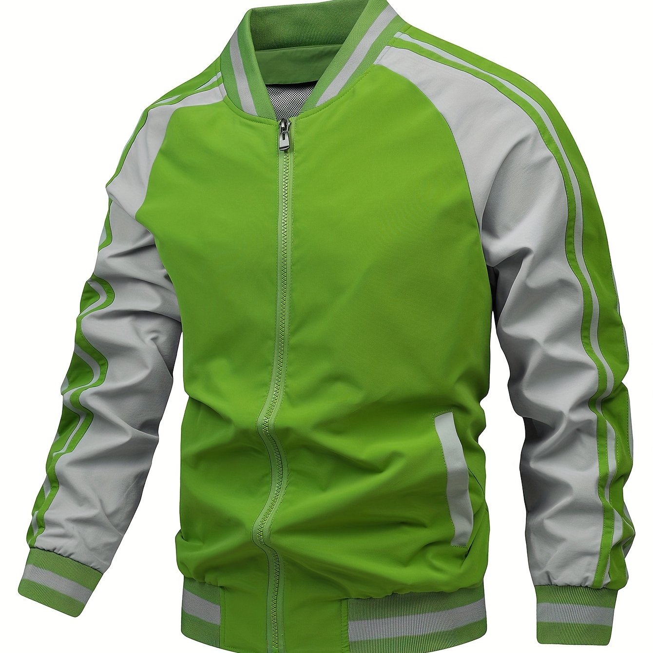 Men's Color Block Graphic Sports Jacket, Casual Striped Zip Up Varsity Jacket For Outdoor Fall Winter