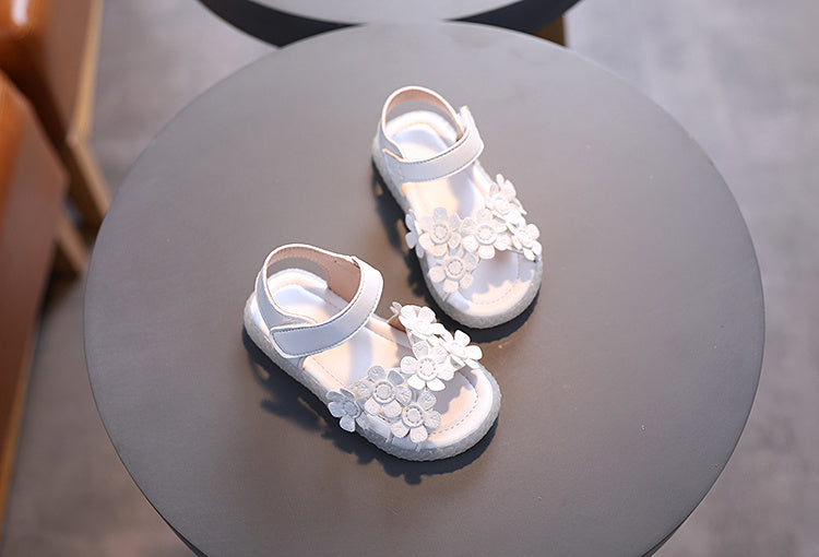 Baby Girls Cute Casual Sandals With Flower Decoration, Non-slip Soft Sole Slip-on Hook And Loop Fastener Shoes For Summer